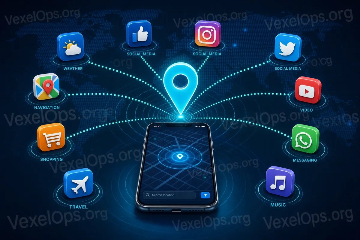 Concept illustration showing multiple mobile apps sending tracking signals to a central location through location permissions