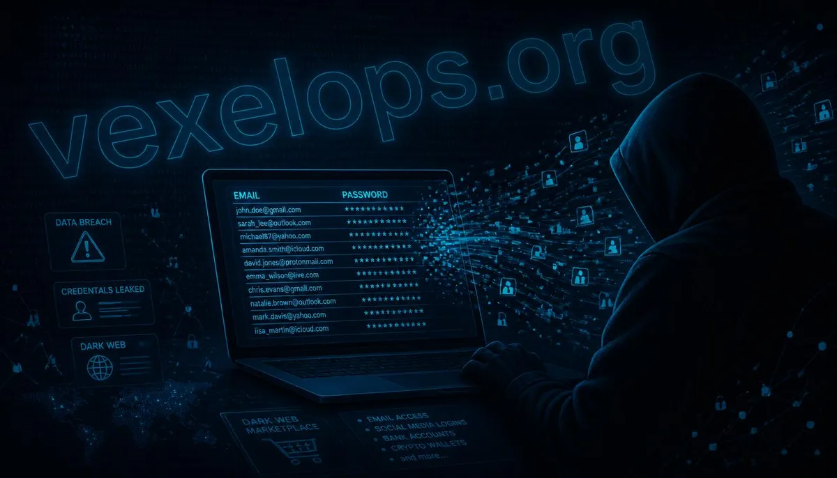 Illustration showing the risks of account information leakage on the dark web, featuring email and password data exposure scenarios