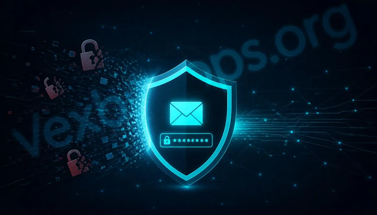 Concept illustration showing protection of account information against data leakage threats, with a shield guarding email and password icons