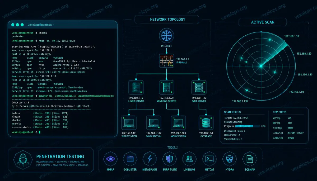 Diagram of penetration testing tools, showcasing terminal interface and network topology scanning visual concepts