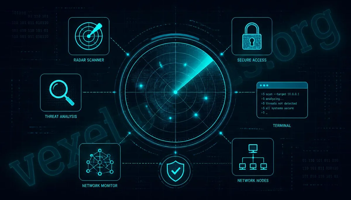 Various penetration testing tools illustrated around a radar scanning concept diagram