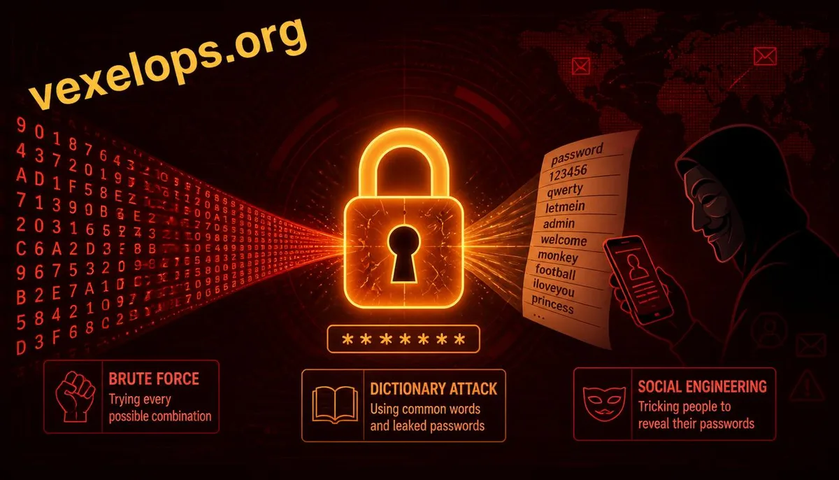 Illustration of password attack methods showcasing brute force, dictionary attacks, and social engineering threats