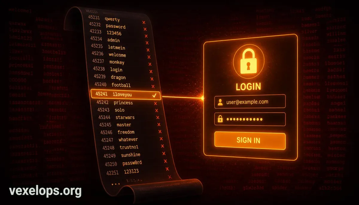 Concept illustration of a dictionary attack, showing the process of matching a password list to a login screen