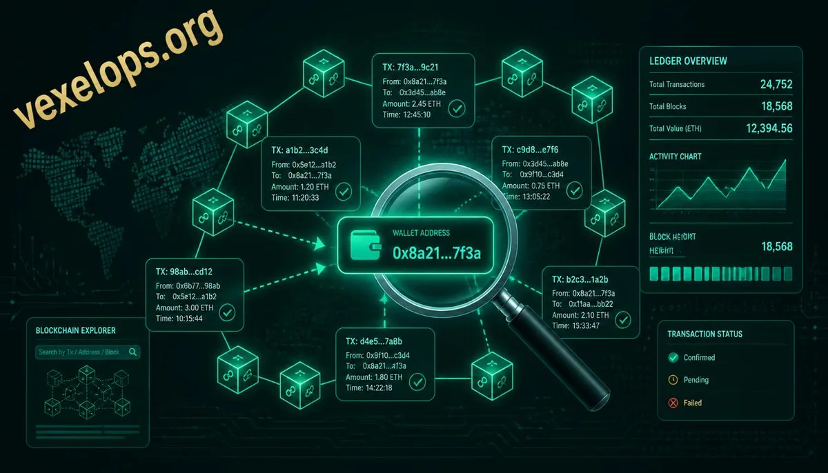 Illustration of blockchain transaction tracking, showcasing wallet address connections with judicial investigation concepts