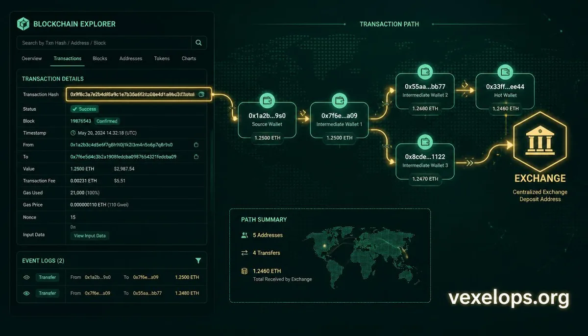 Illustration of query transactions and tracking fund flow via a blockchain explorer