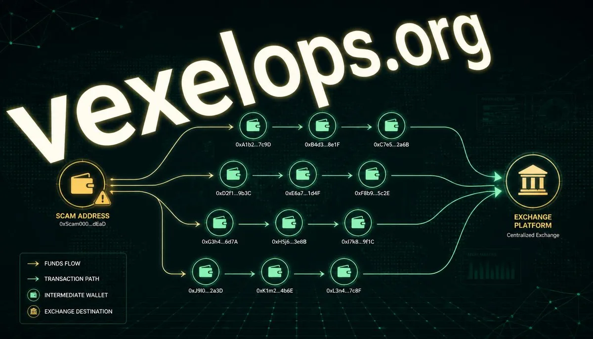 Diagram illustrating the tracing path of fraudulent funds flowing through multiple transfers to eventually reach exchange addresses