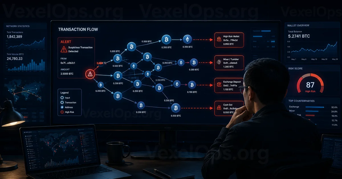 Illustration of tracking scam fund flow through a blockchain transaction path chart