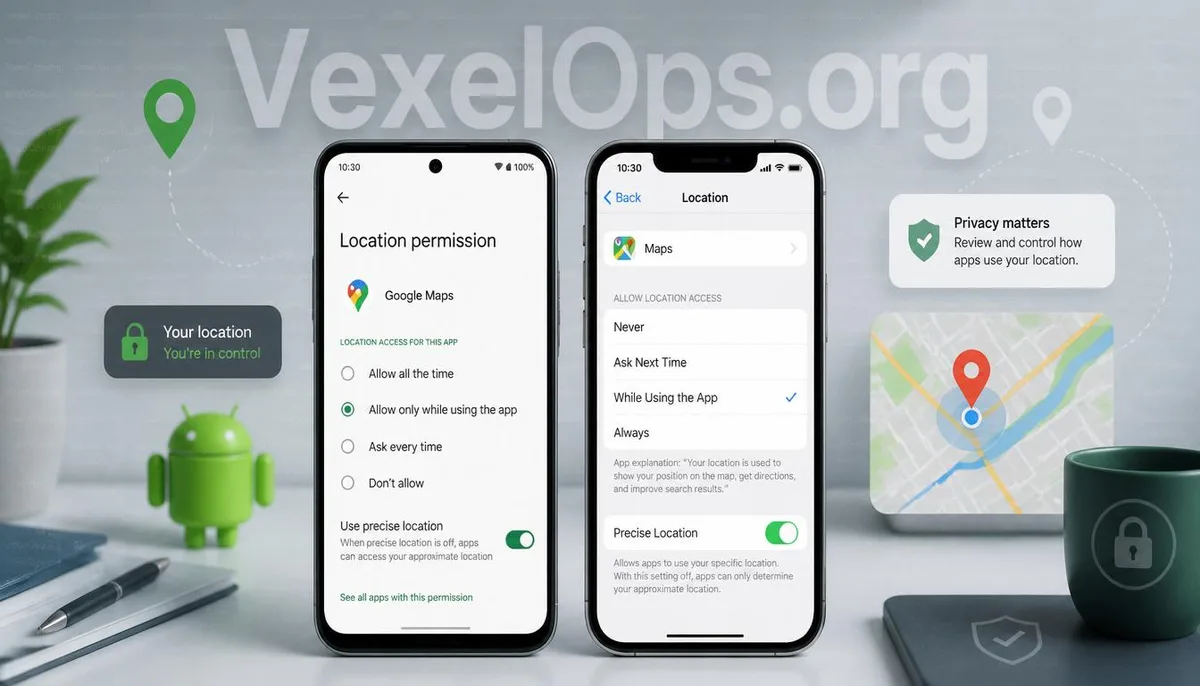 Illustration of location permissions and digital privacy settings on Android and iPhone devices.