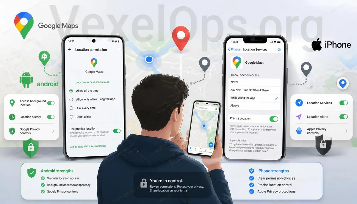 Illustration of location permissions and digital privacy settings on Android and iPhone devices.