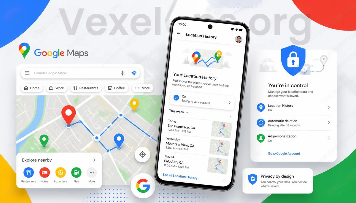 Diagram of managing Google Maps location history and location information.