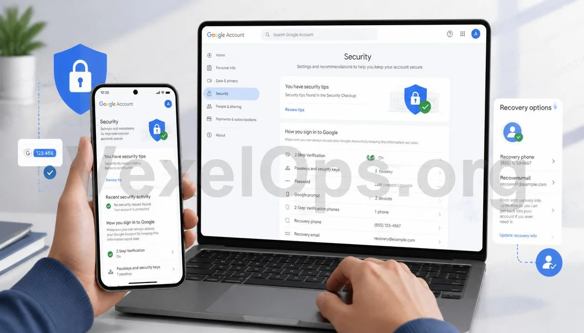 User checks Google account login, security settings, and two-step verification.