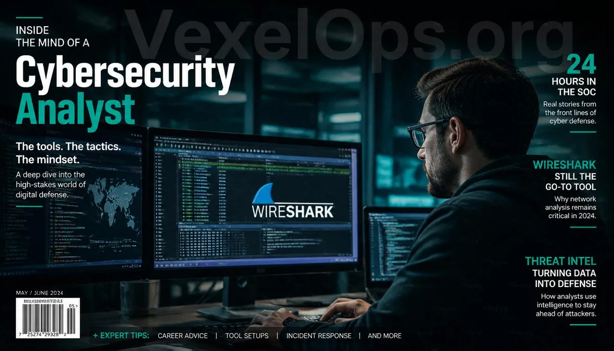 Illustration of the Wireshark network packet analysis tool in an information security work environment.
