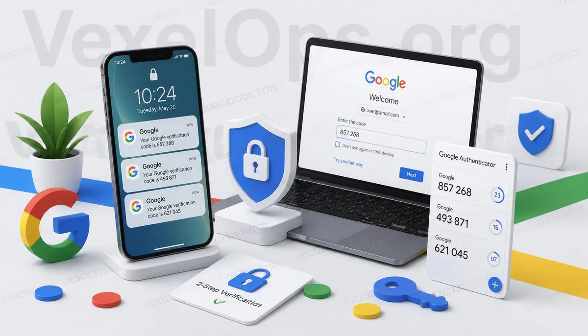 Illustration of Google verification notifications, Google Authenticator, and Two-Step Verification process.