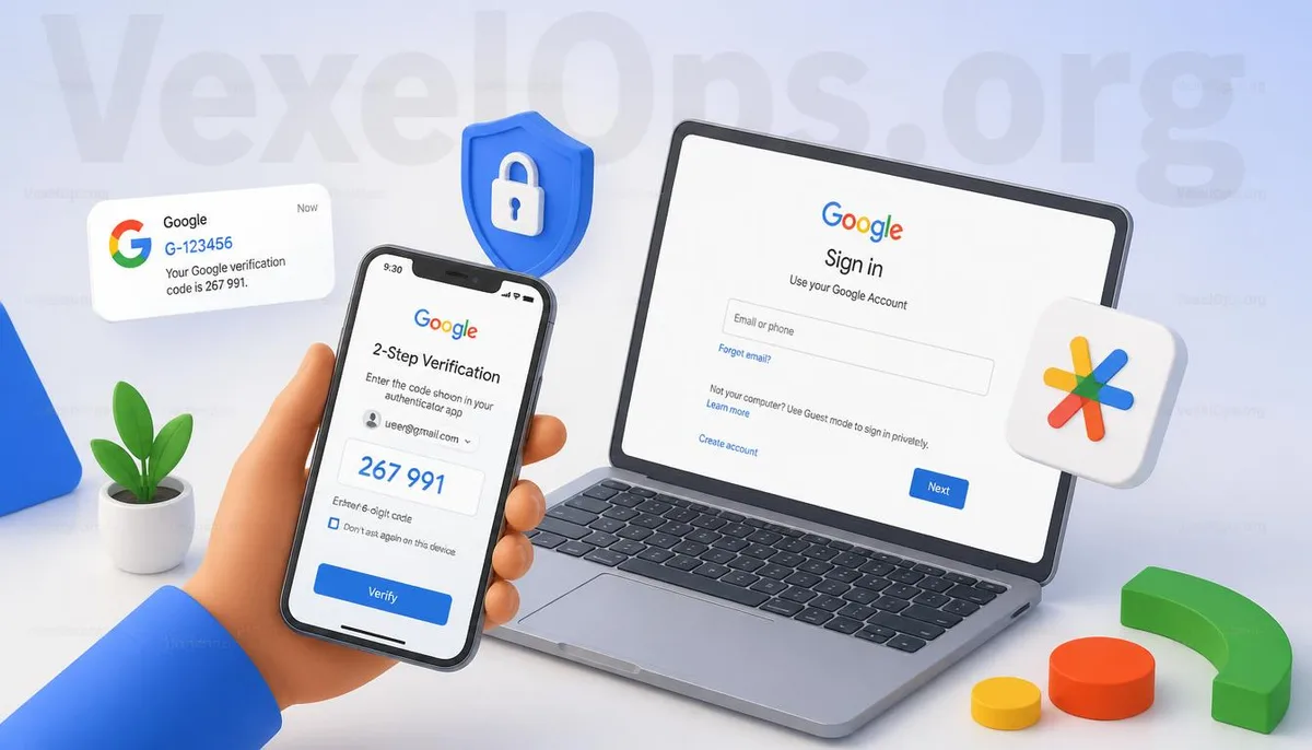 Illustration of Google Two-Step Verification and code login security.