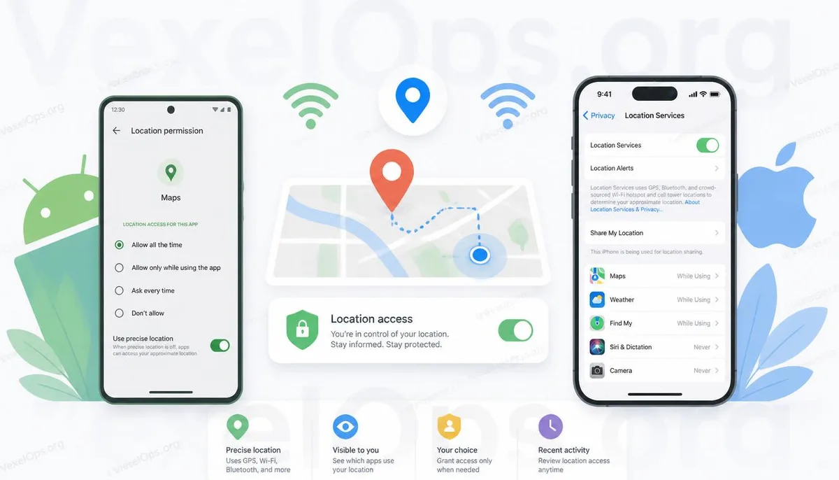 Diagram of Android and iPhone location permissions and privacy management.