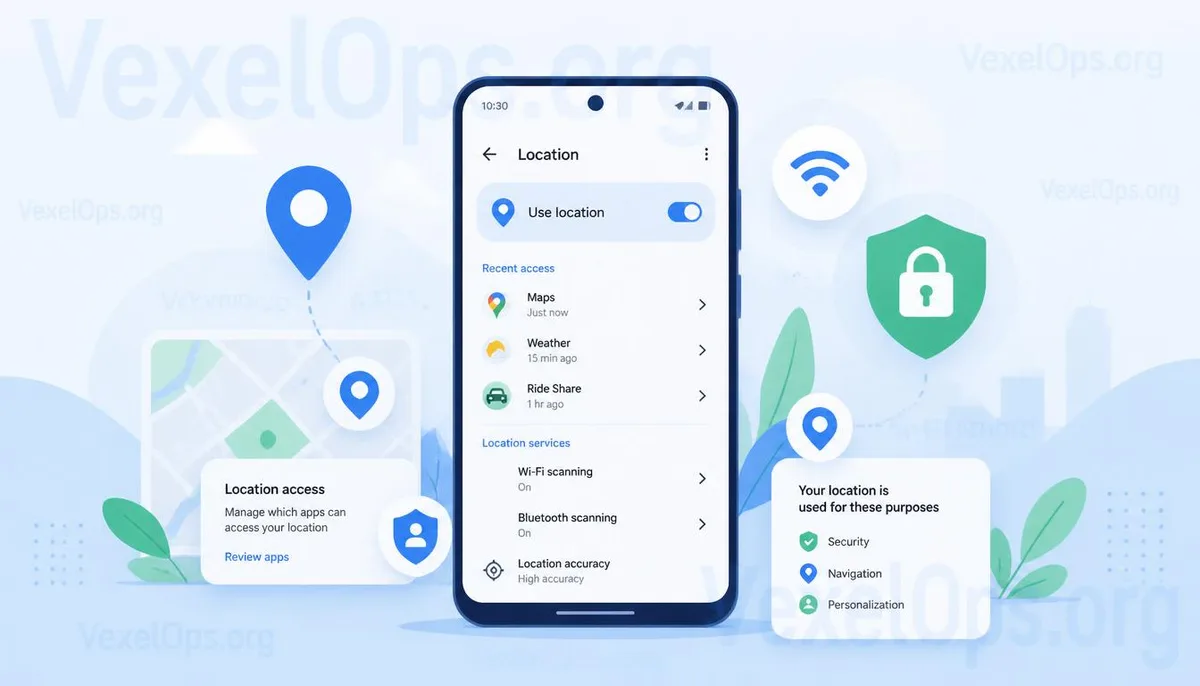 Illustration on mobile location features and digital privacy management.