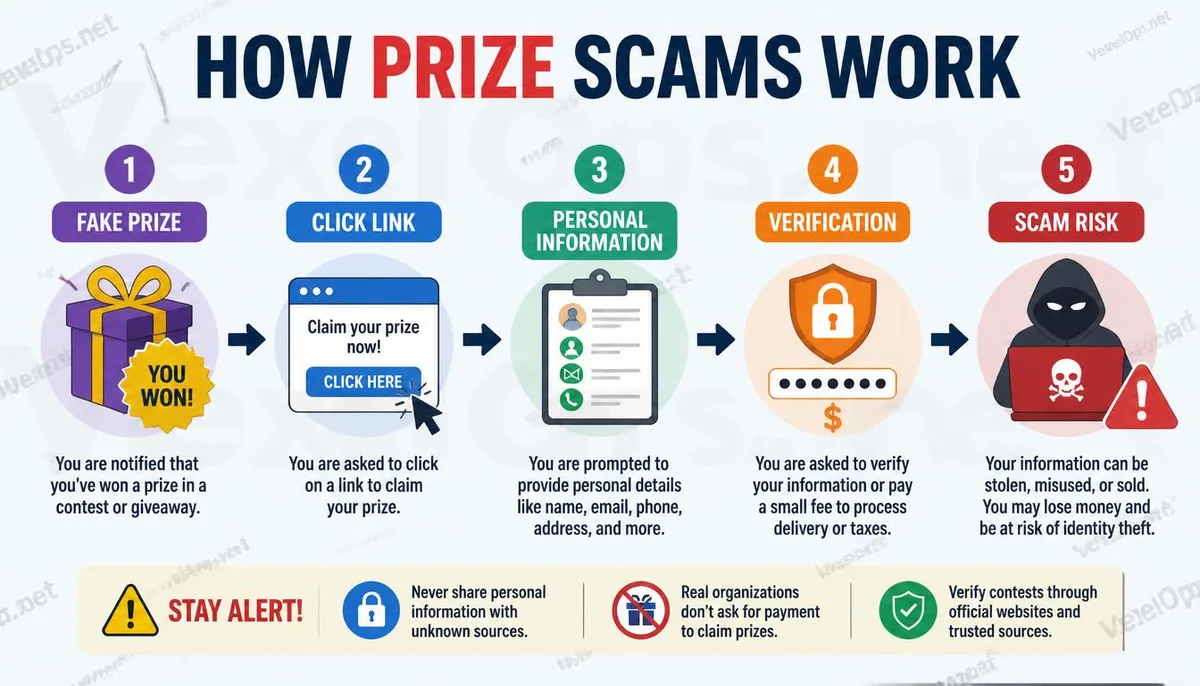 Common process and identification focus of lottery scams infographic.