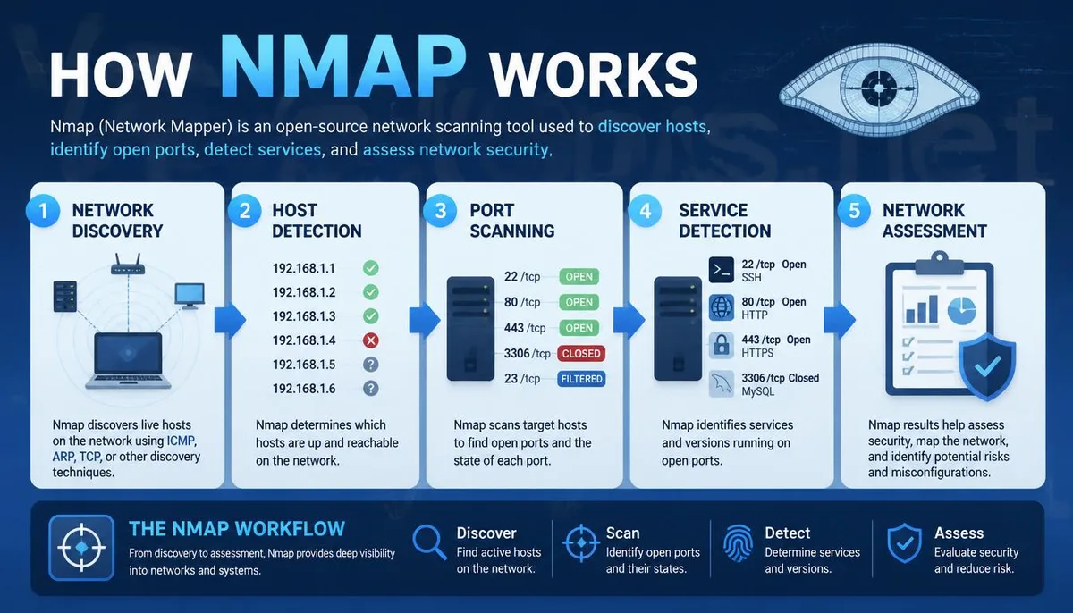 Nmap network scanning process and main features infographic.