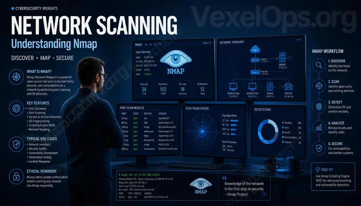 Nmap network scanning tool and network security analysis cover image.