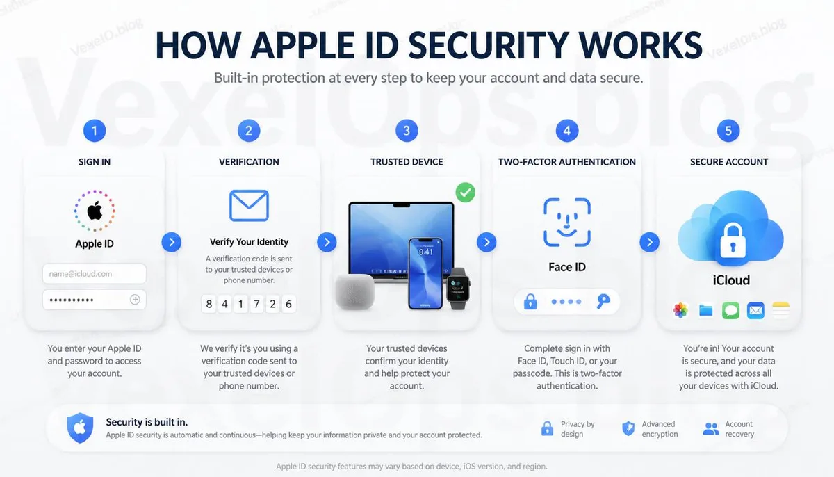 Apple ID verification process and account security information infographic.