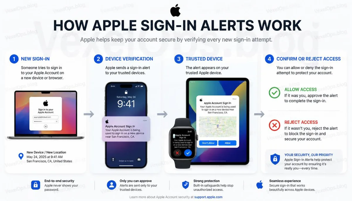Apple ID login notification verification process infographic.