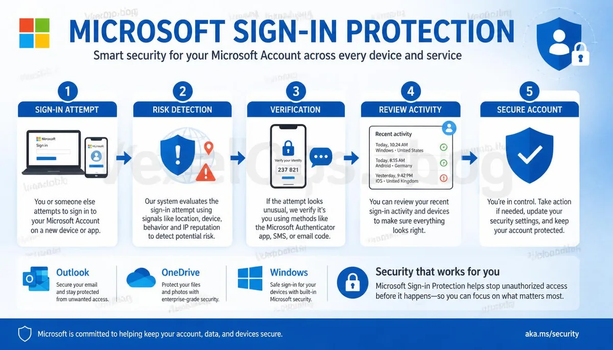 Microsoft account security verification process and login notification infographic.