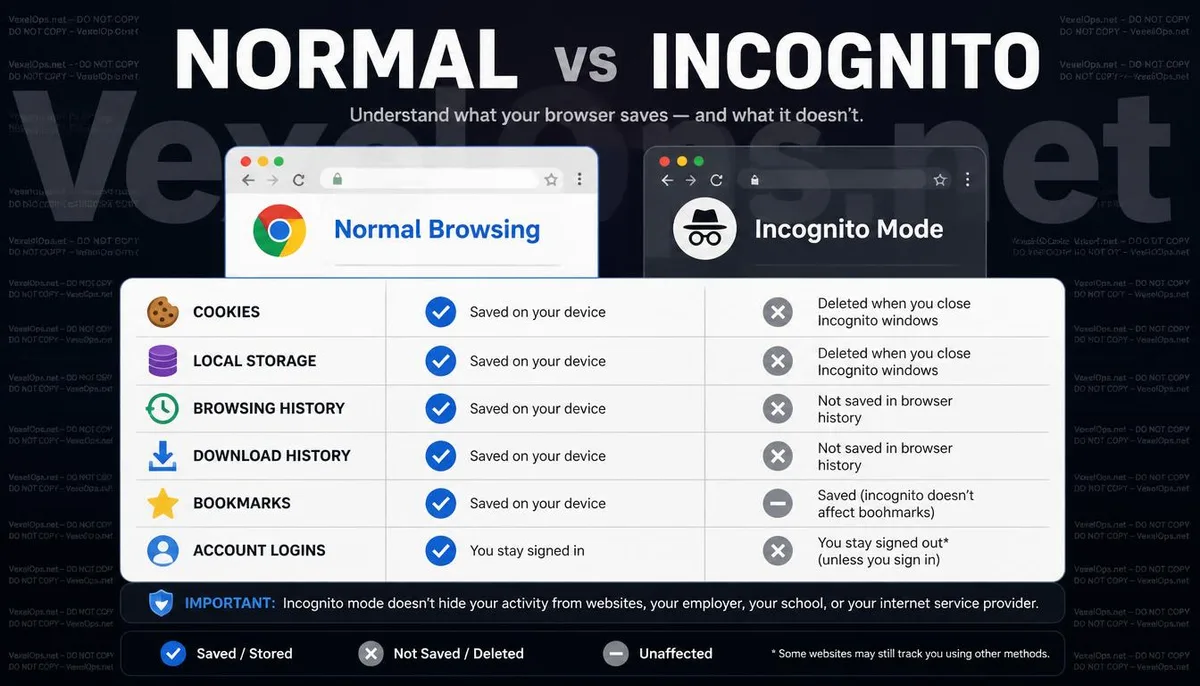 Comparison infographic of regular browsing mode vs. Incognito Mode.