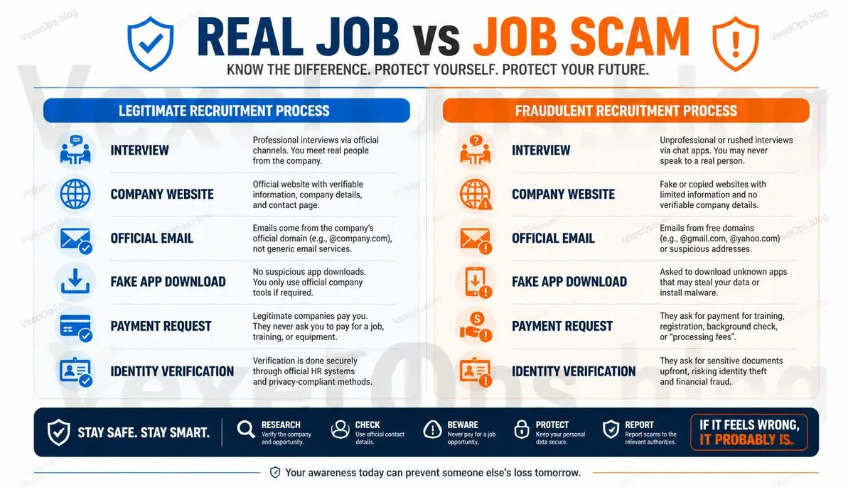Comparison infographic of genuine and fake recruitment processes.