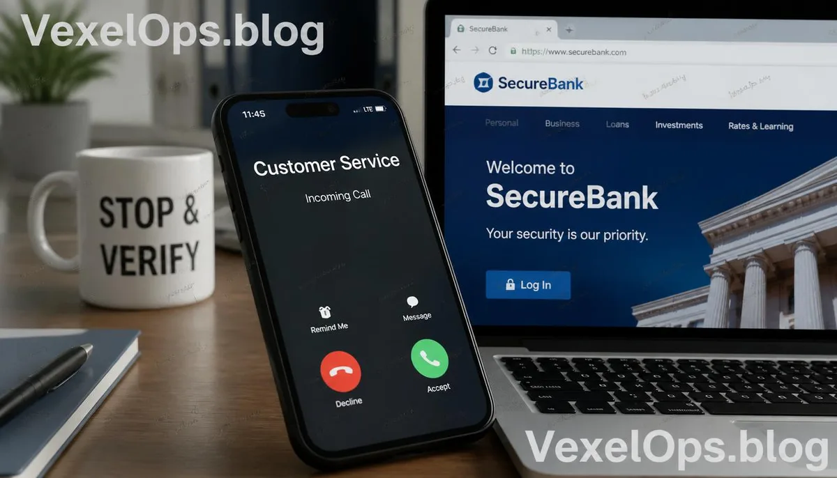 Illustration of receiving a suspicious bank customer service call.