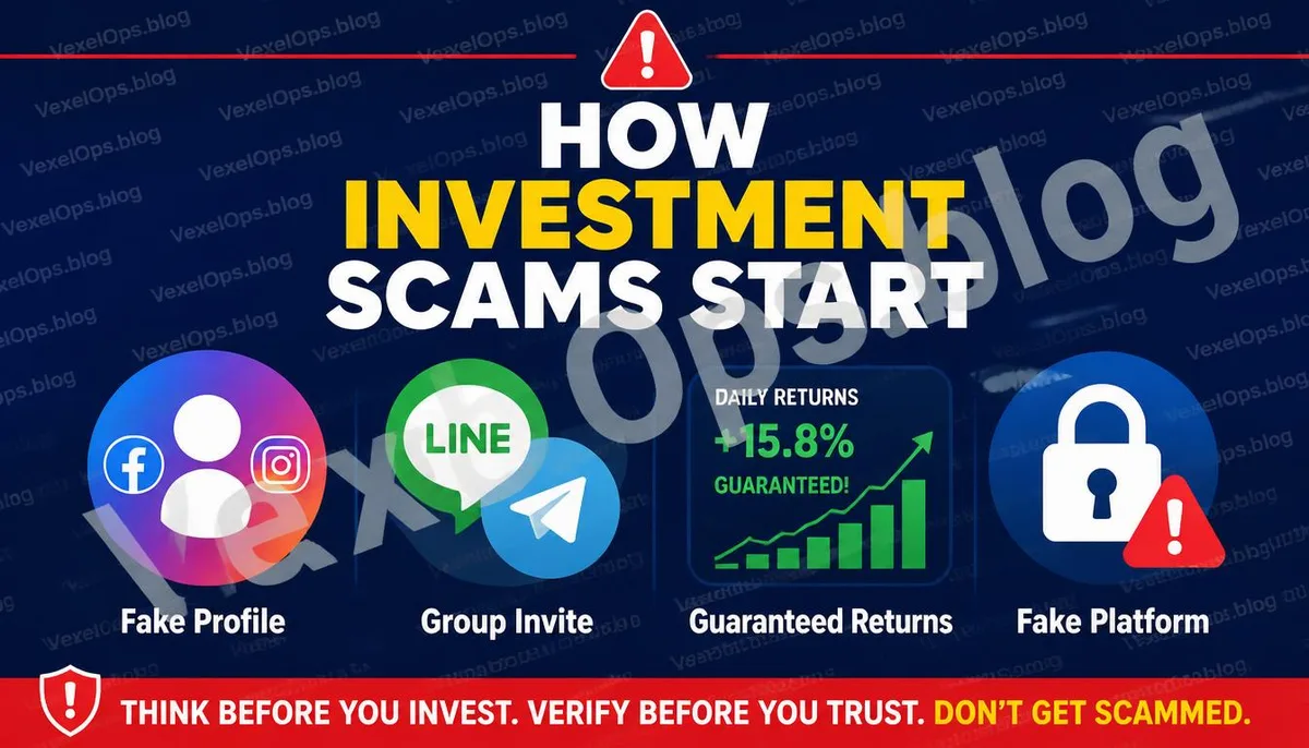 Infographic detailing four common approaches of fake investment scams.