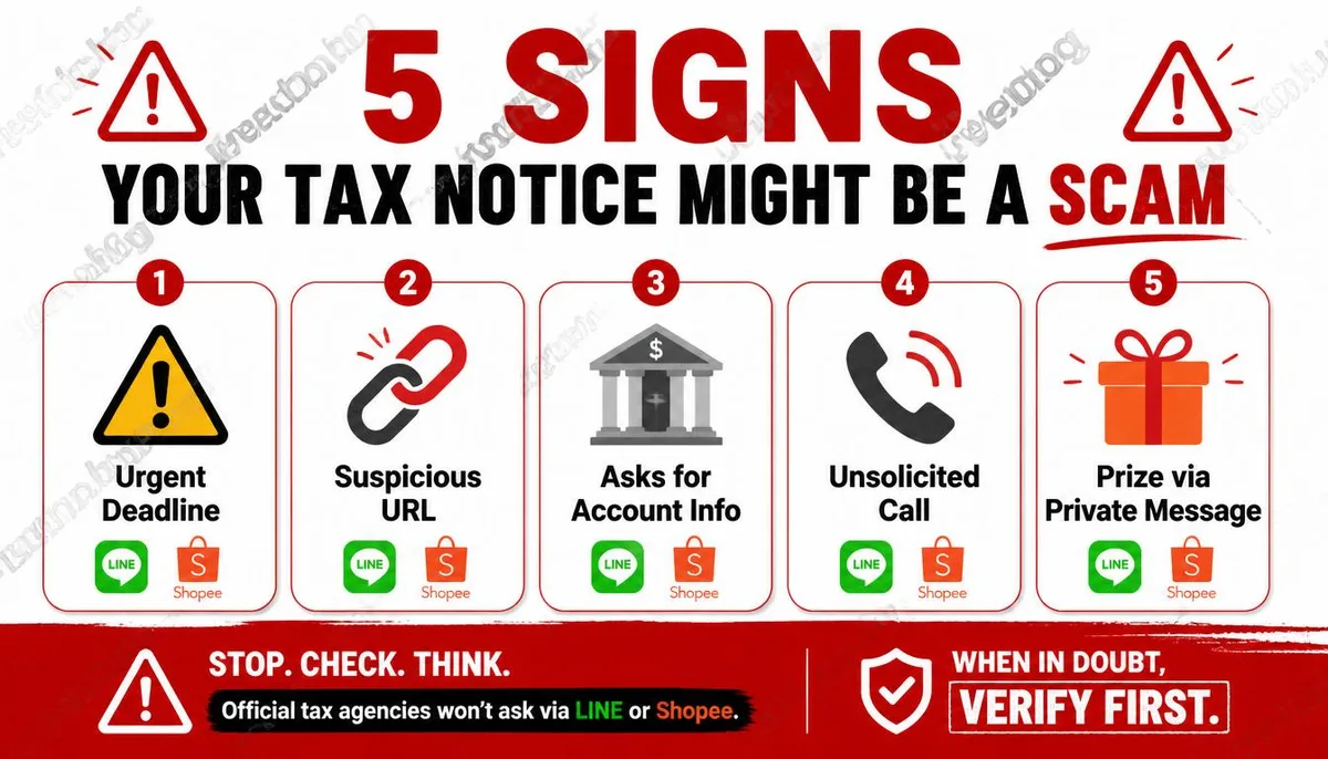 Infographic explaining five warning signs of fake tax refund and invoice scams.