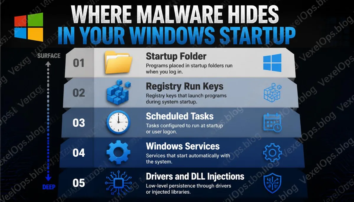 Infographic explaining the hierarchy of Windows boot startup locations and where malware hides.