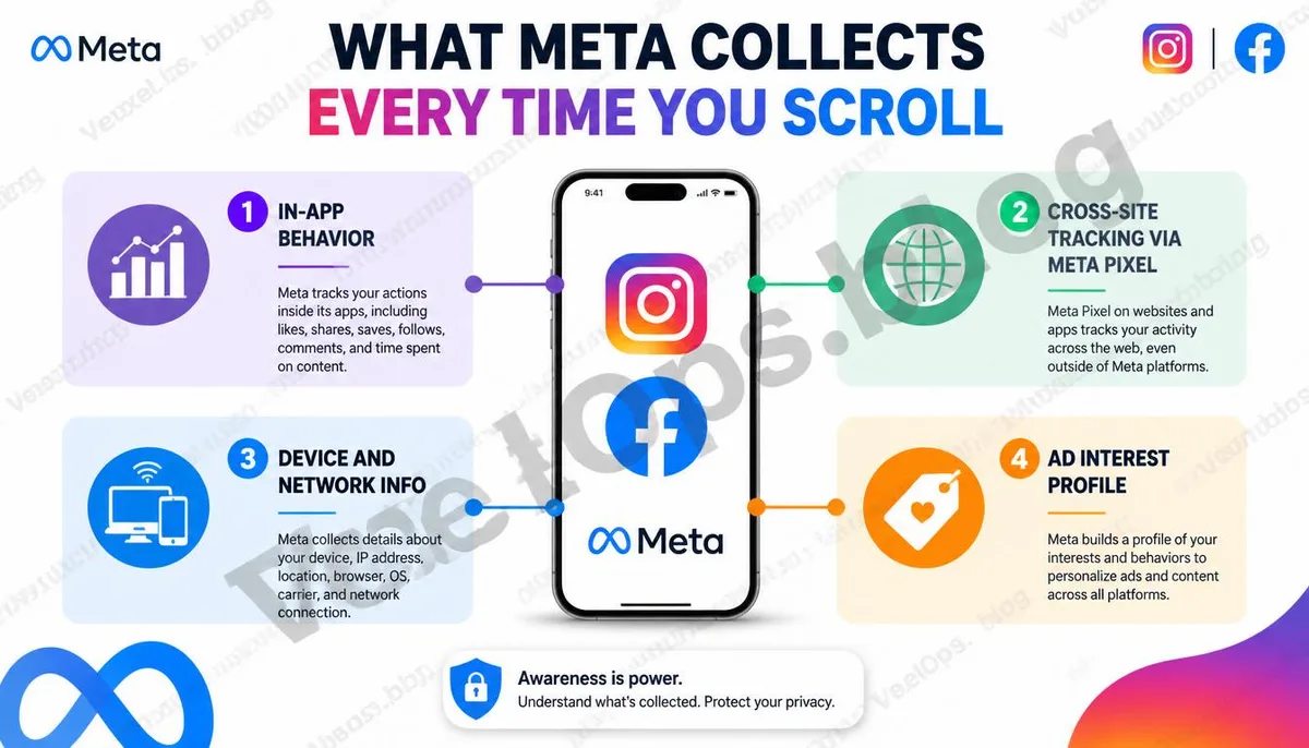 Infographic explaining the four types of user data Meta collects through Instagram and Facebook.
