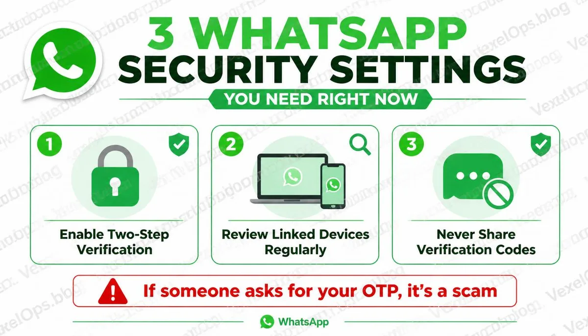 Infographic explaining three key WhatsApp security settings.