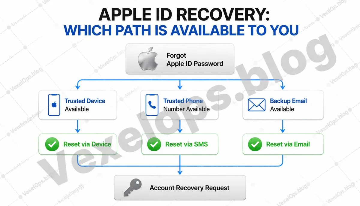 Information graphic explaining the paths for recovering an Apple ID password.