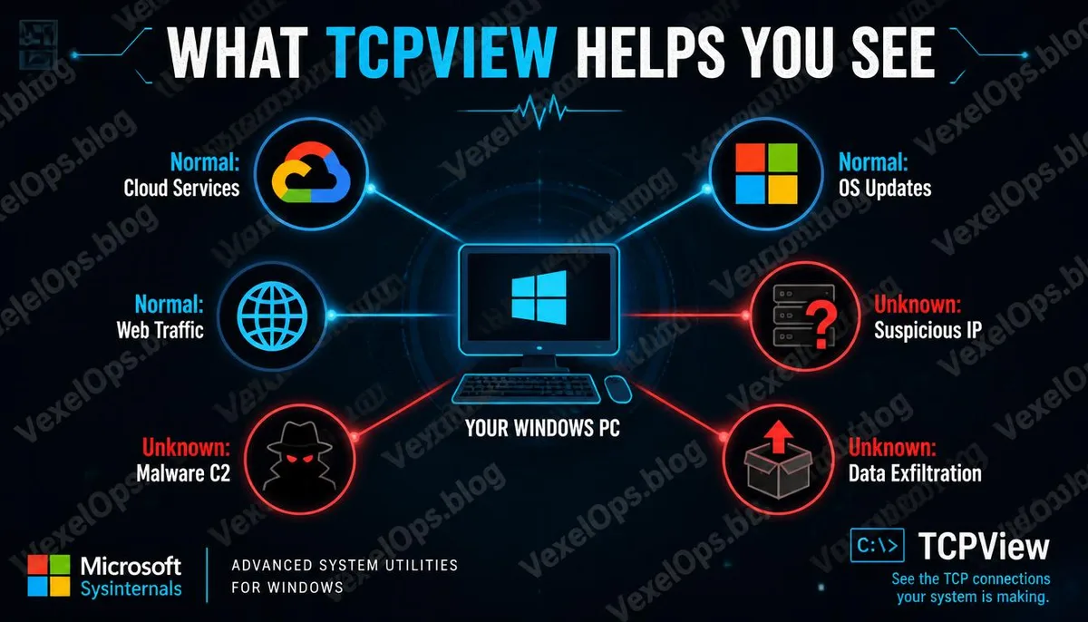 TCPView visual guide for identifying normal and suspicious network connections.