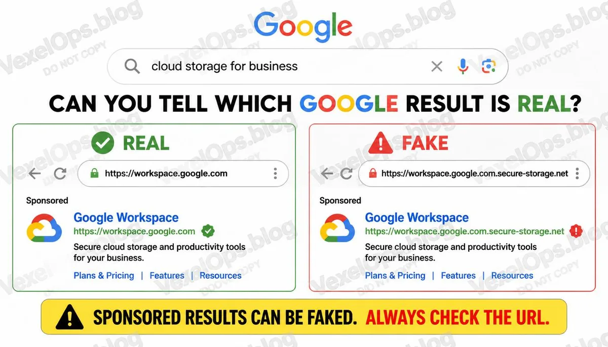 Comparison of fake Google search results and advertisement URLs in an informative infographic.