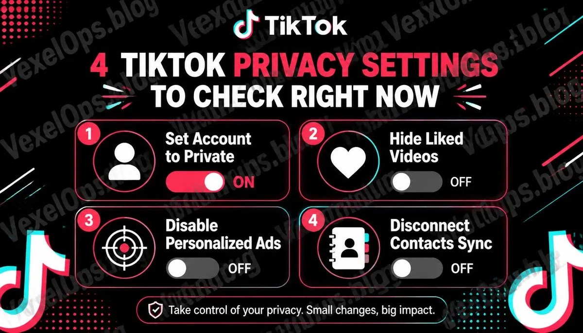 Infographic explaining four key privacy settings adjustments on TikTok.
