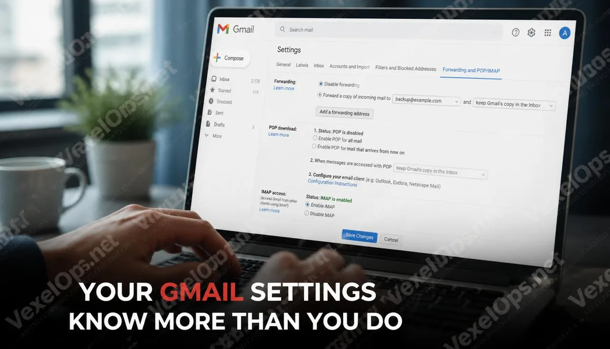 Cover image for verifying Gmail security settings and forwarding rules usage scenario.