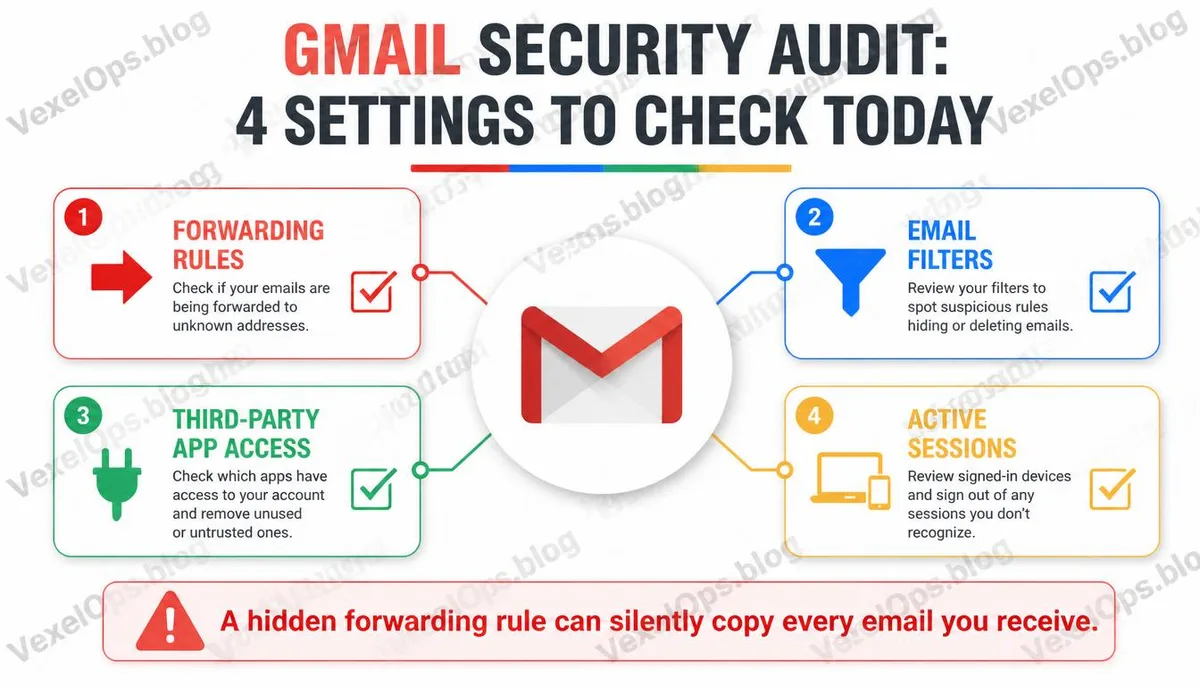 Infographic describing the four-point security settings review checklist for Gmail.