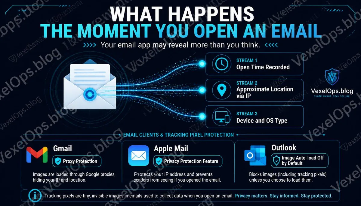 Infographic explaining three types of information collected by email tracking pixels.