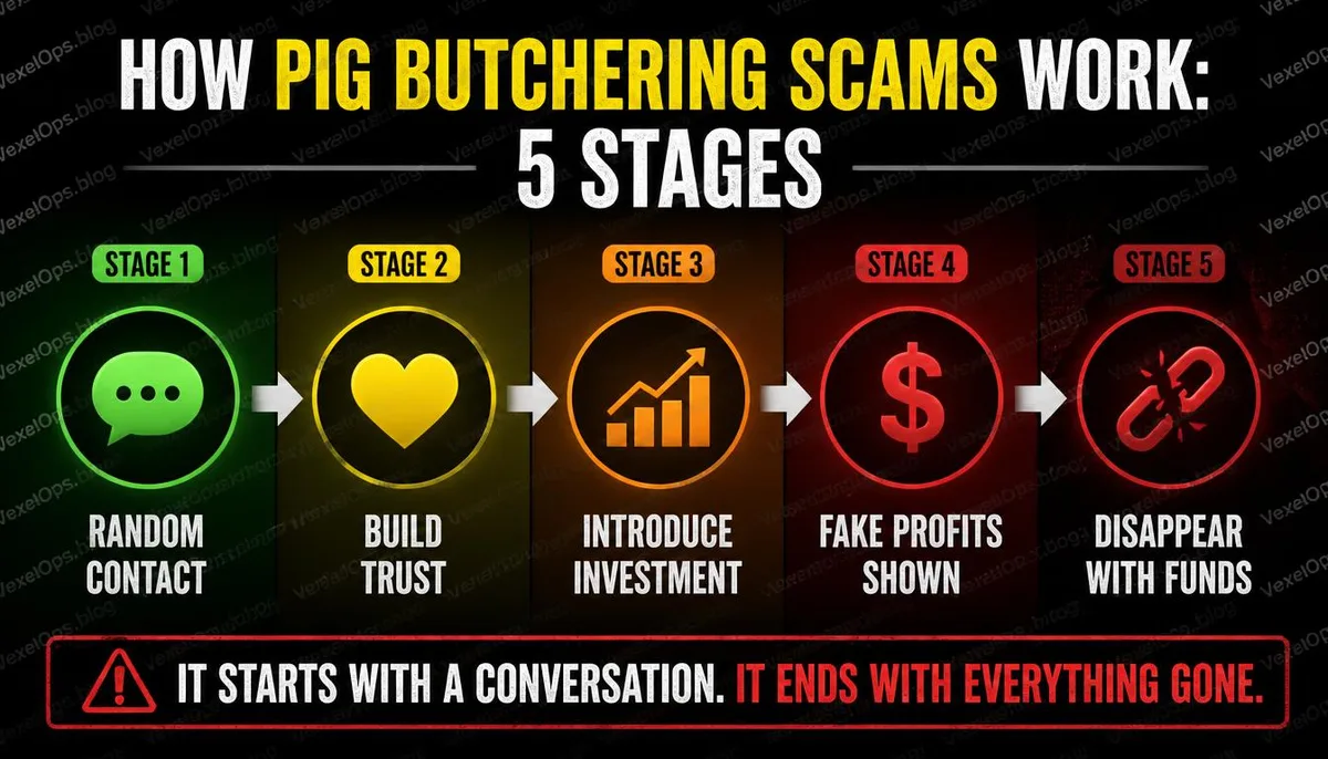 Infographic explaining the five phases of pig butchering scams.