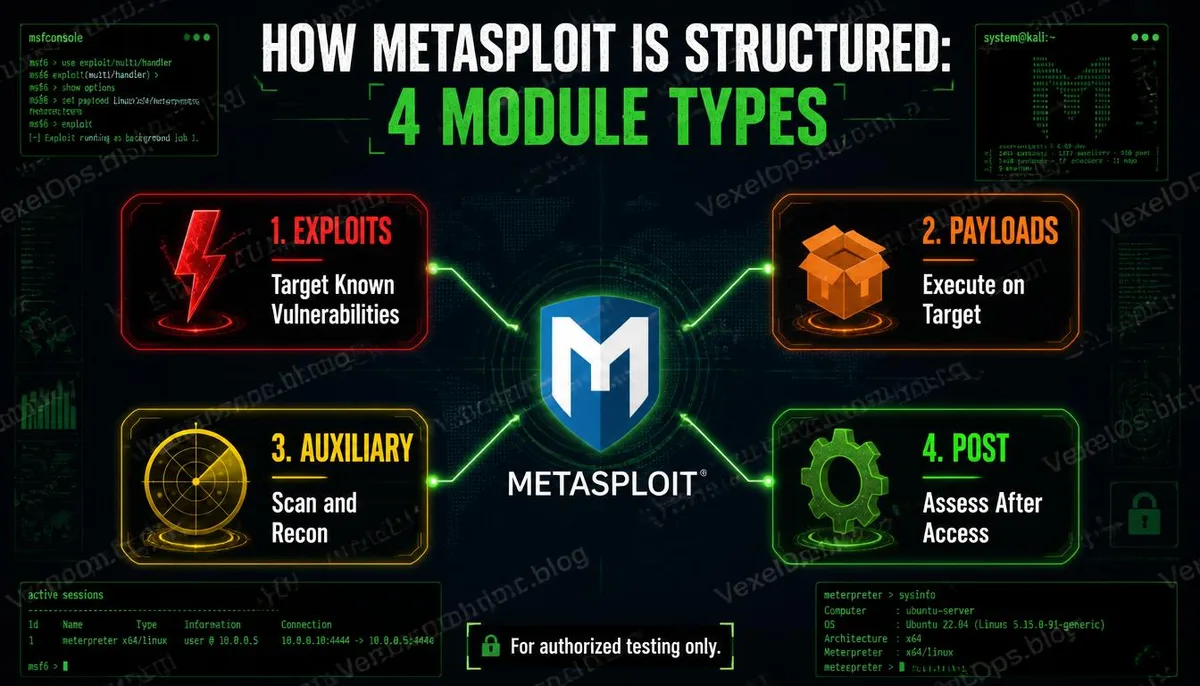 Infographic explaining the four main module types of Metasploit.