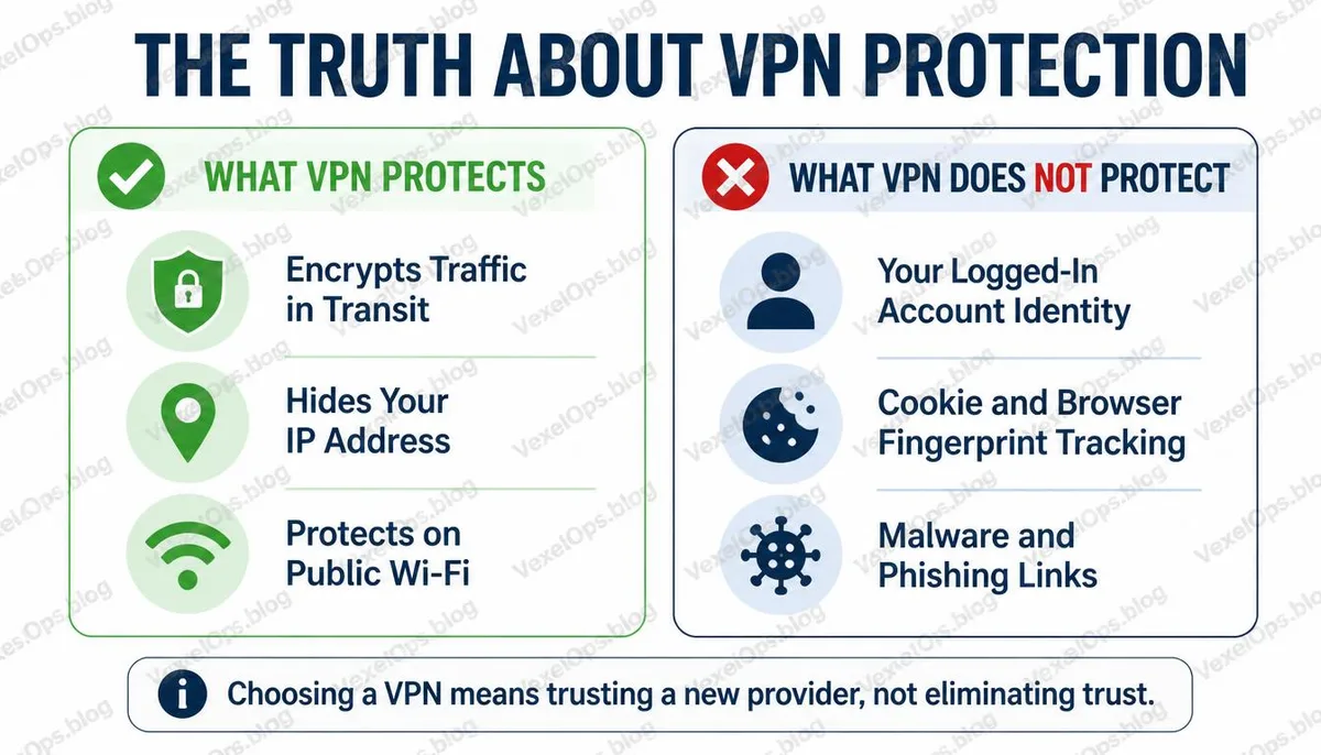 Illustration comparing what a VPN can and cannot protect.