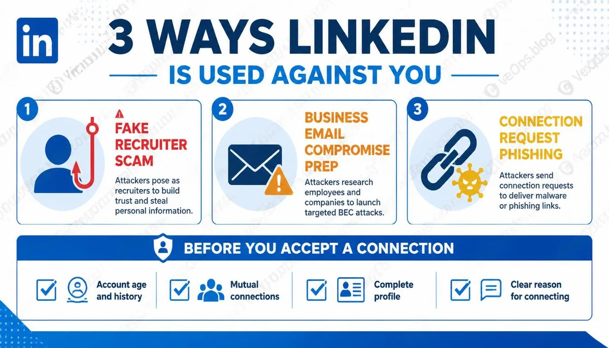 Info graphic explaining the three common security risks on LinkedIn and checklist for confirming connection requests.