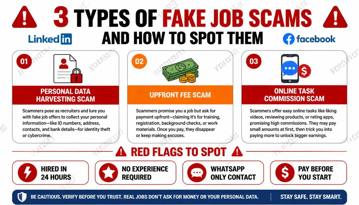An infographic explaining three types of fake job scams and four warning signals.