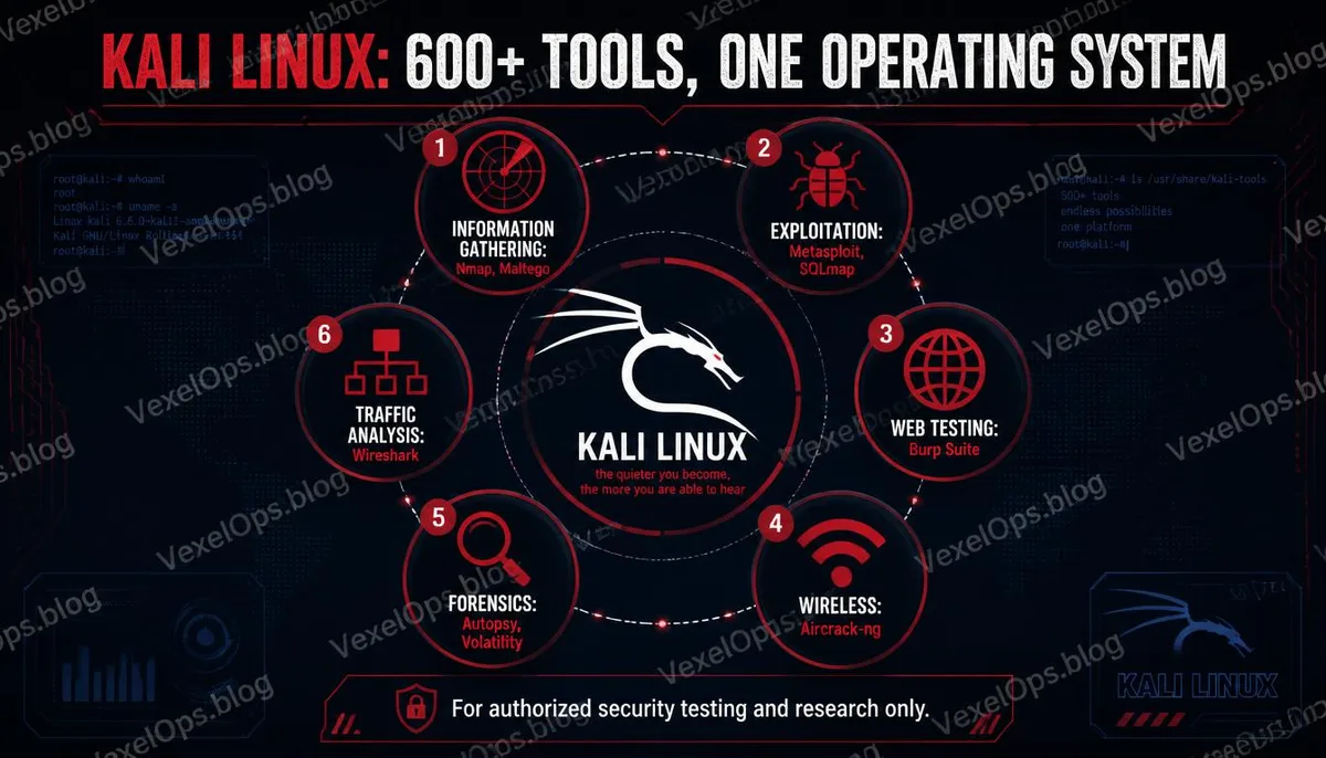 Infographic explaining the six categories of Kali Linux tools.