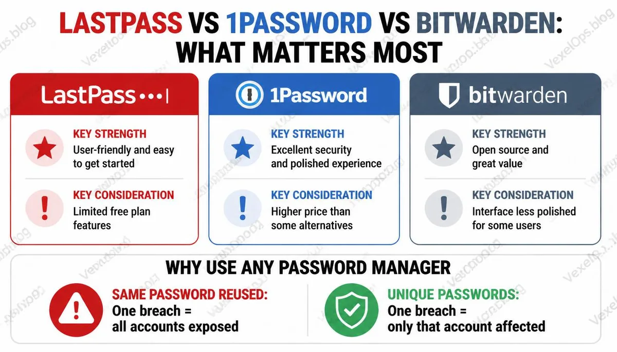 Comparison infographic for LastPass, 1Password, and Bitwarden password managers.