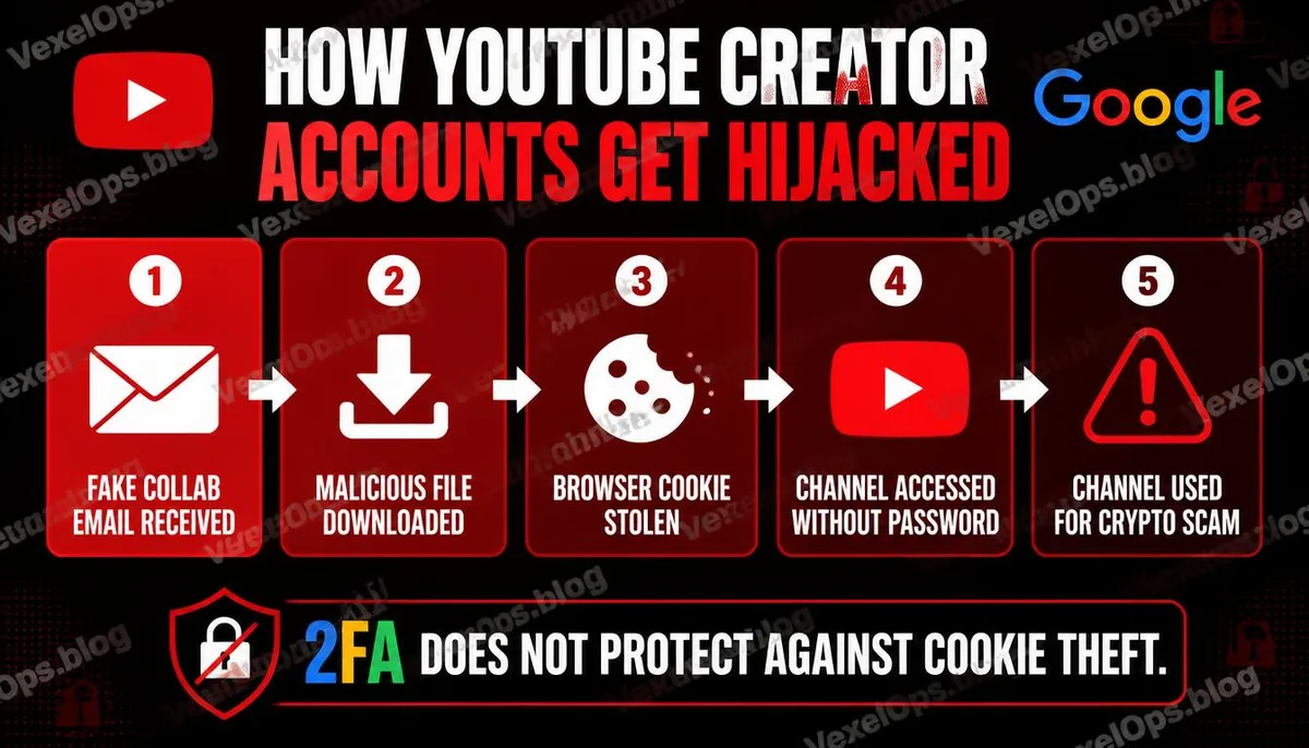 Infographic explaining the five-step process of a phishing attack on YouTube creator accounts.