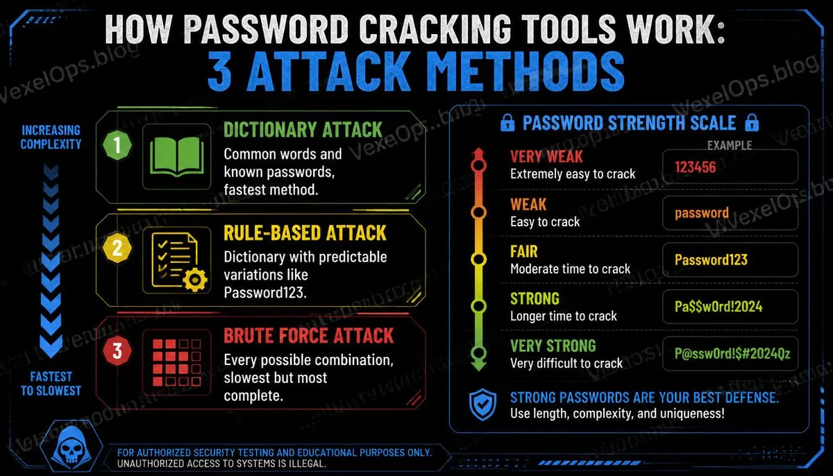 Infographic explaining the three main attack methods for password cracking.
